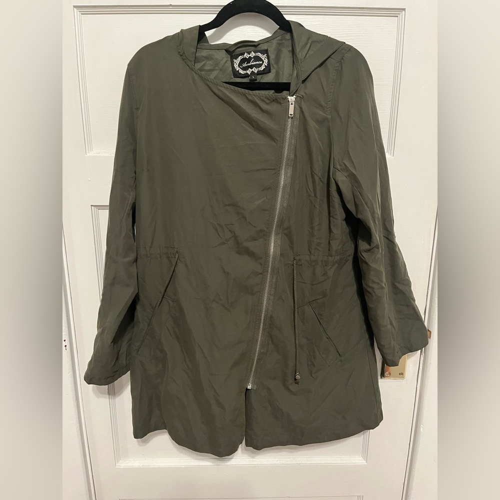 Ambiance Green Lightweight Front Zip Hooded Roll Tab Cinch Waist Jacket